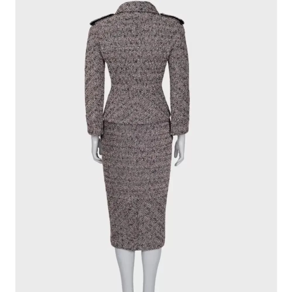 Chanel 2016 Pink Black & Silver Bouclé Wool Skirt Jacket Suit FR34